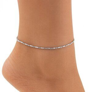 Aurafin 14K White Gold Italy Bar Bead Anklet Chain Bracelet Delicate Minimalist